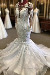 Beading Mermaid Sheer Tulle Wedding Dresses Appliques Long Sleeves Bridal Dresses